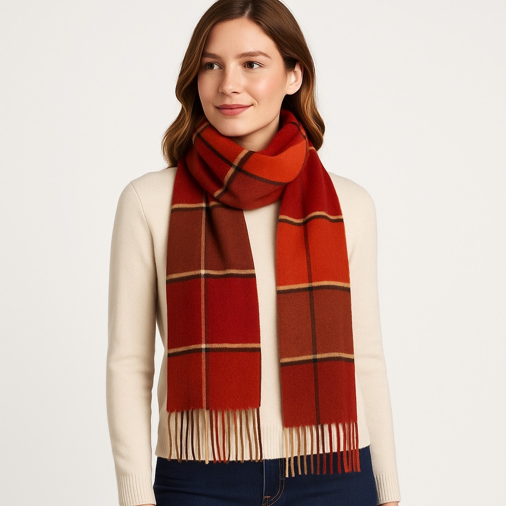 Preston & York Plaid Fringe Scarf Red Brown One Size